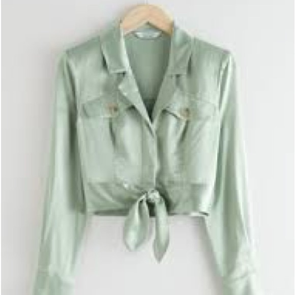& Other Stories Cropped Tie-Front Button Shirt - Mint Green Size 4 - Picture 2 of 11